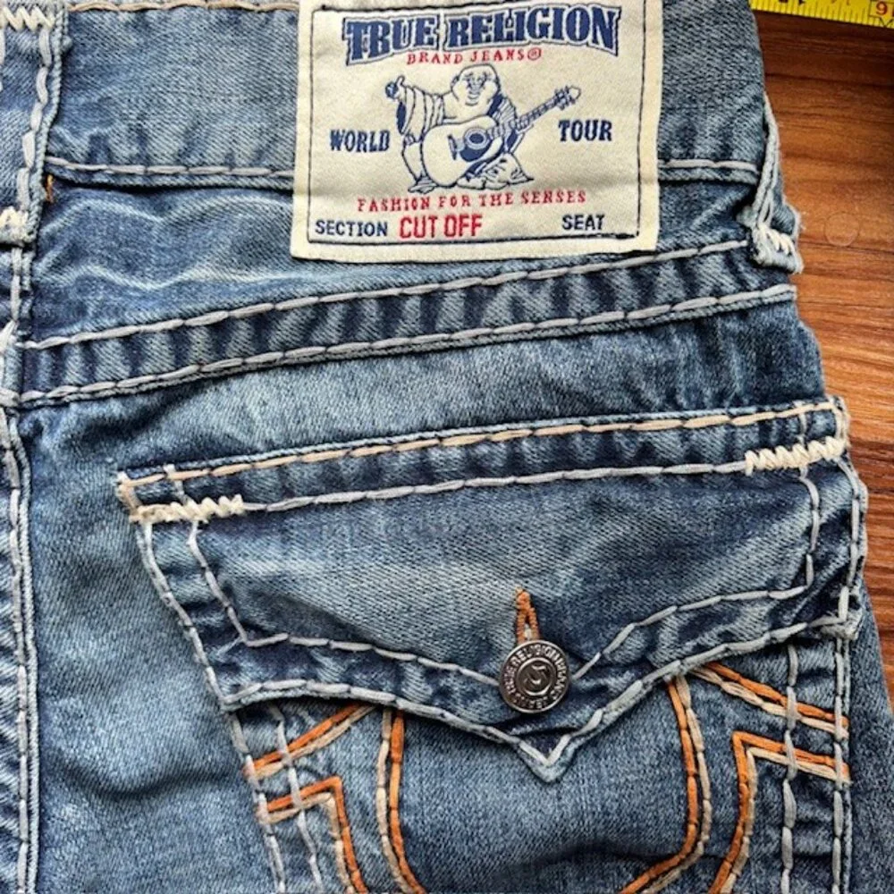 True Religion Cut Off Bermuda Denim Shorts Women's 29 Blue Flap Pocket Raw Hem